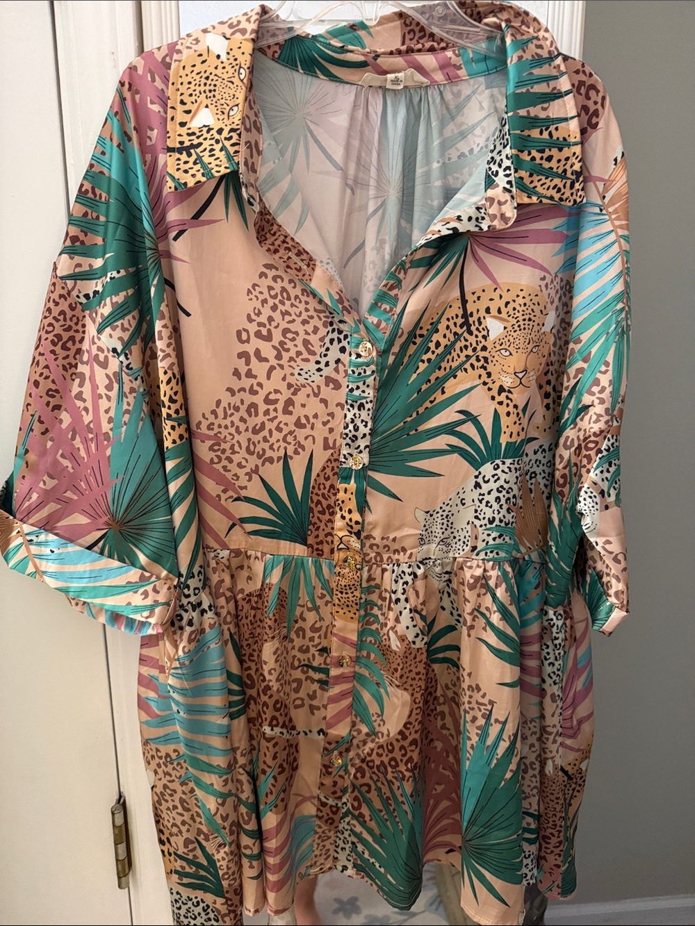 Entro Tropical Leopard Print Button-Front Tunic Top- Pink, Teal, Tan